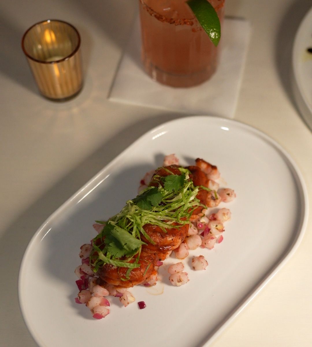 Pozole Shrimp ð¦ Chili and Cumin Marinade, Oregano, Pozole, Shaved Romaine, Lime